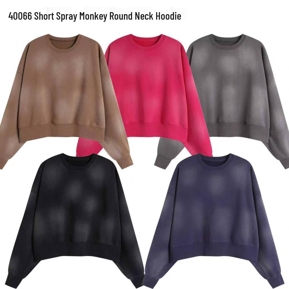 Heavyweight Vintage Spray-Painted Monkey Sweatshirt: Women's Cropped, Retro Drop Shoulder, European & American Hot Girl Casual Style