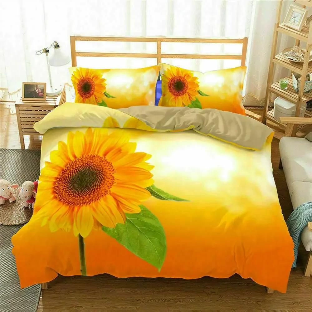 3D Floral Comforter Cover King Size for Kids Women Yellow Flowers Bedding Set Sunflower Duvet Cover 2/3pcs Polyester Quilt Cover