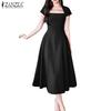 ZANZEA Women Casual Square Collar Summer Short Sleeve High Waist Dress