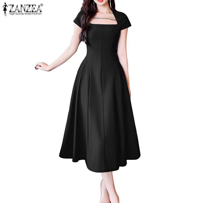ZANZEA Women Casual Square Collar Summer Short Sleeve High Waist Dress