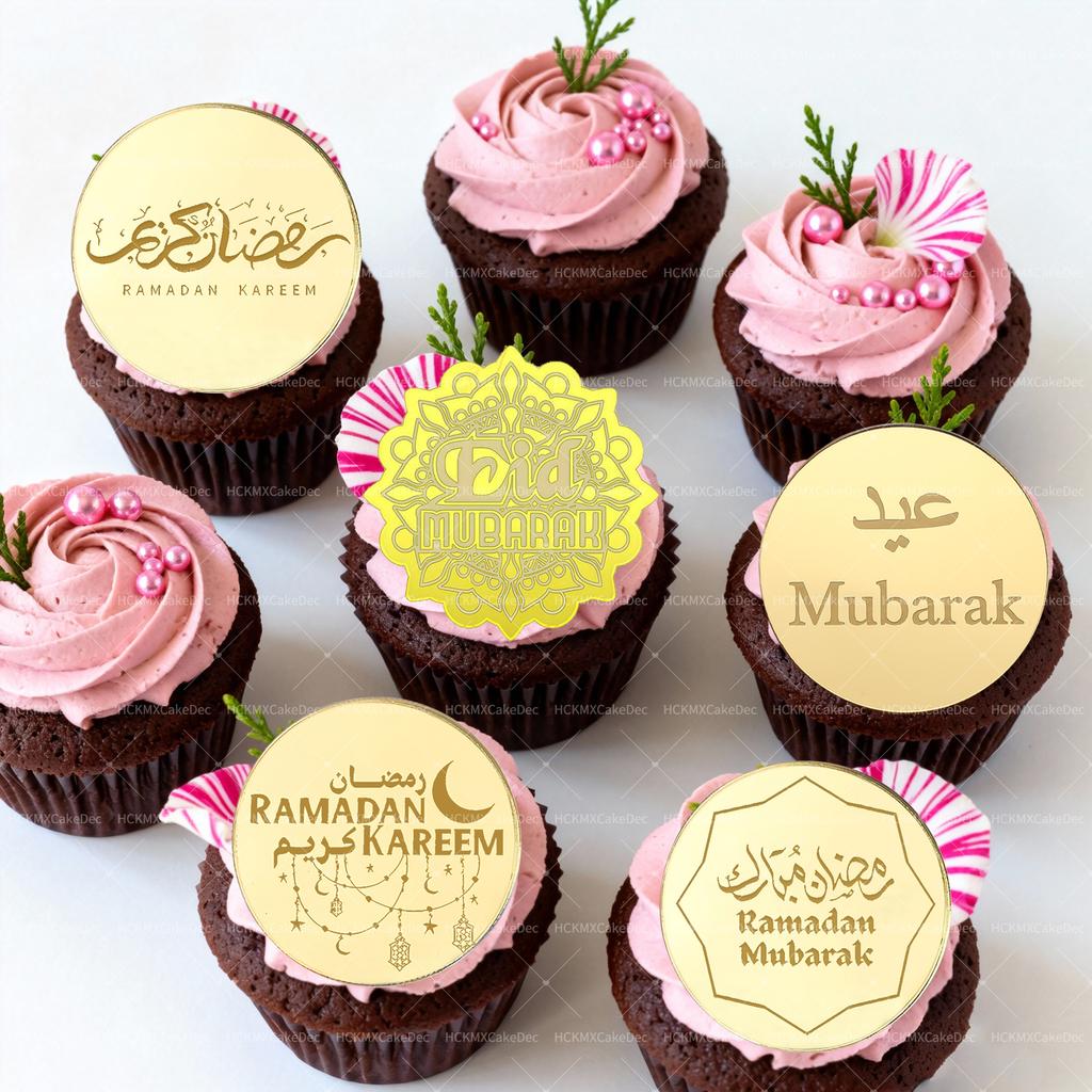 5pcs/10pcs Eid Mubarak Ramadan Kareem Acrylic Cupcake Toppers Mirror Gold Cake Topper Ramadan Mubarak Party DIY Decorations Supp