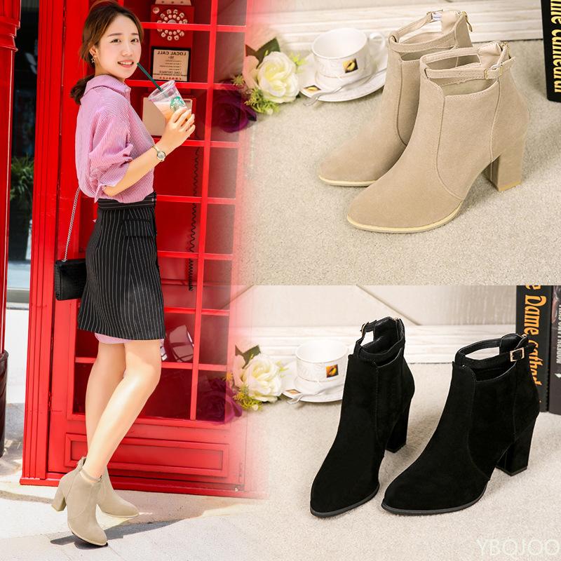 Fashion Woman Suede High Heel Ankle Boots Style Fashion Thick Heel Pointed Back Zipper Boots Women Square Heeled Short Booties