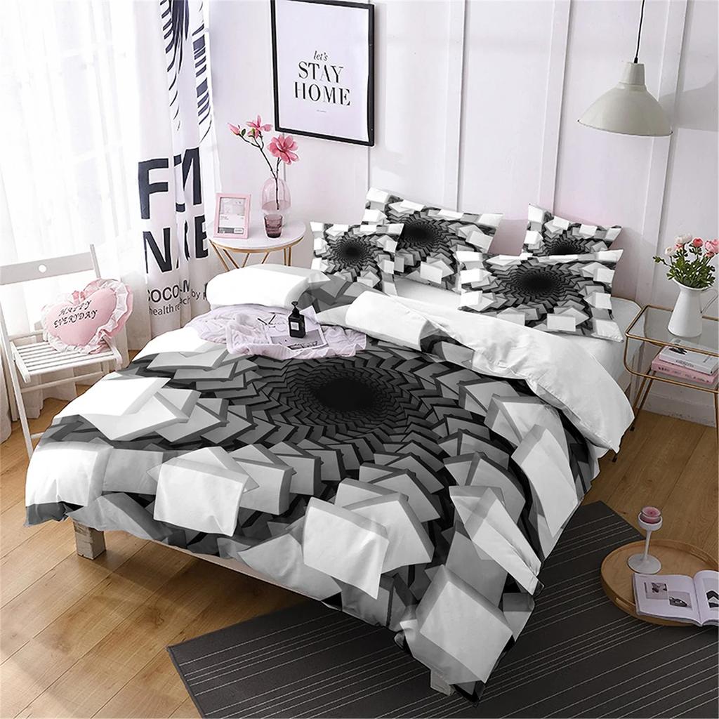 Durable Vibrant Double Polyester For Bed Abstract Style Print Honeycomb Pillowcover Black And White Quilt
