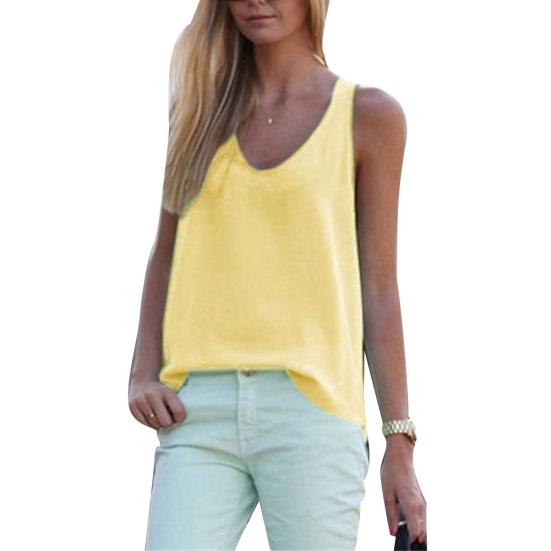 Solid Color Round Neck Sleeveless Chiffon Blouse Summer Women Vest Tank Top