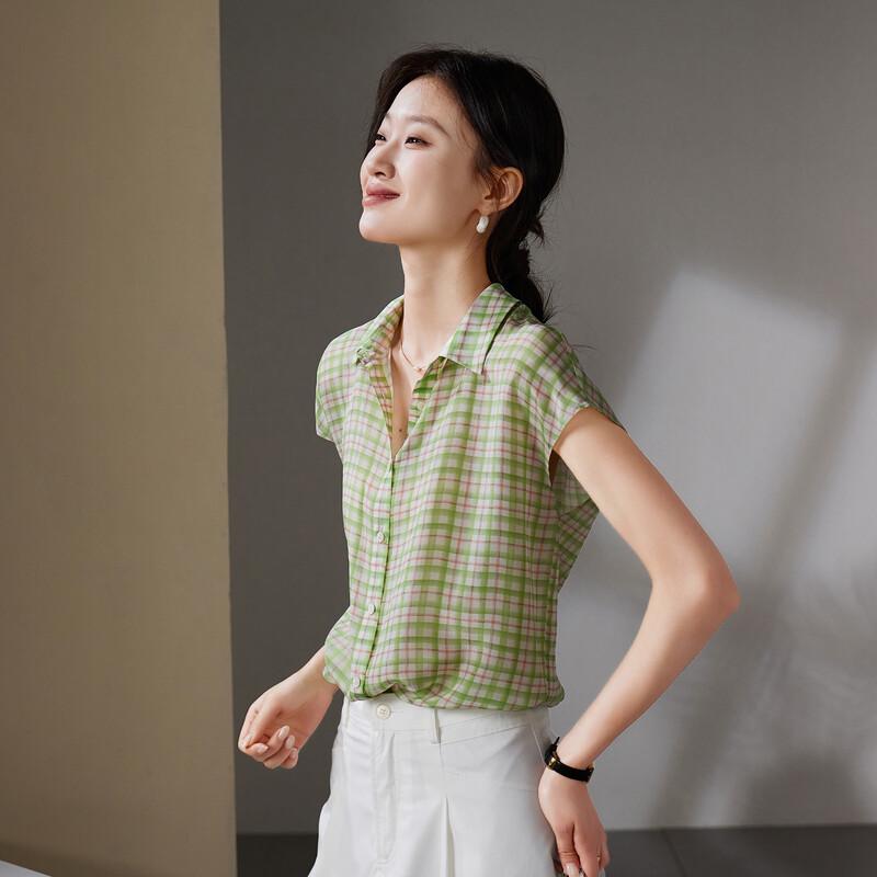 SOFSIL 2026 Summer Silk Plaid Short-Sleeve Lapel Shirt