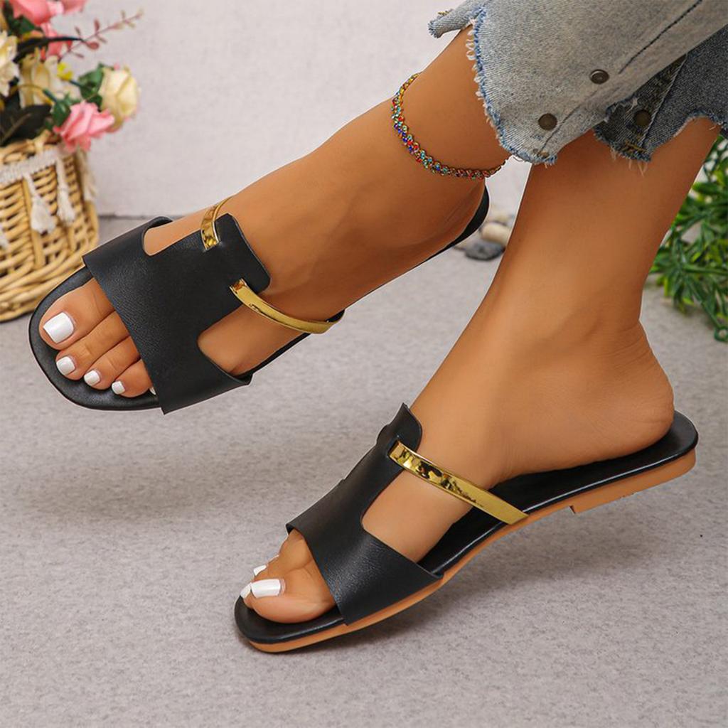 Women's shiny H-shaped buckle light luxury casual slippers