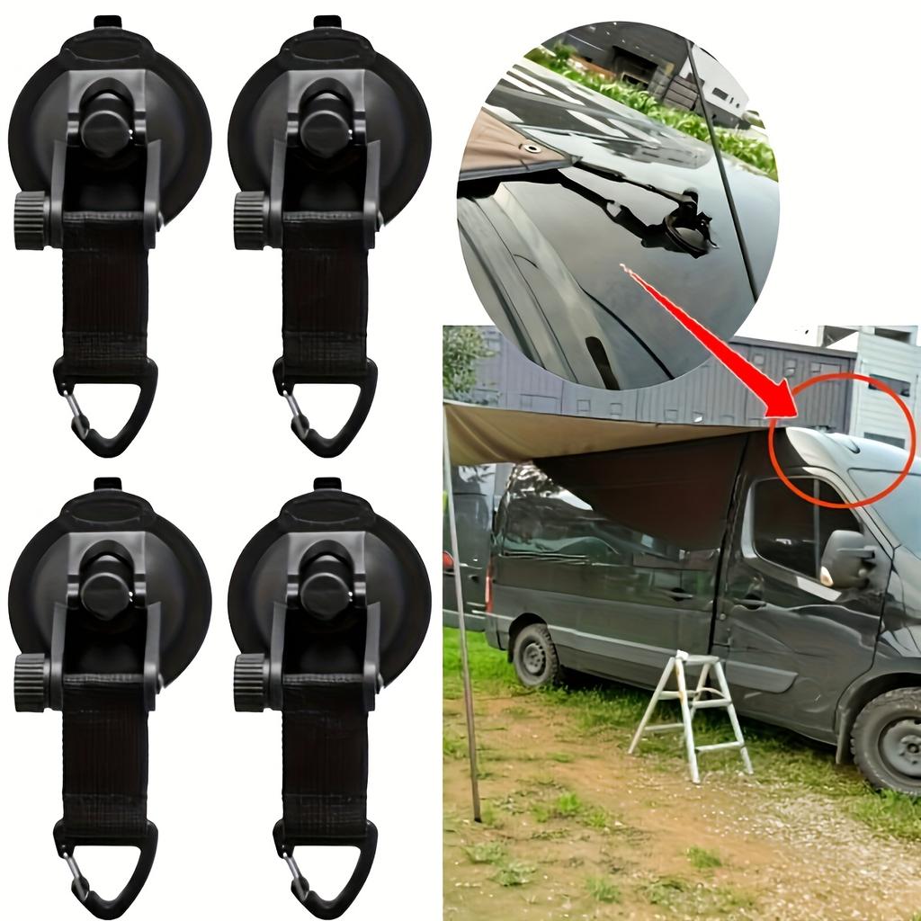 4pcs Heavy Duty Suction Cup Hooks for Outdoor Camping, Car Tent, Awning, and Boat - Portable PVC Tie Down Hooks with Secure Latch Mechanism