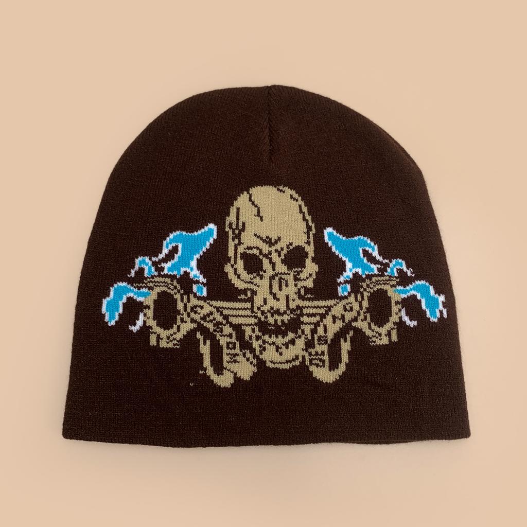 Autumn and Winter Dark Wind Skull Flame Jacquard Knitted Hat Men and Women Warm Personality Retro Street Pullover Hat