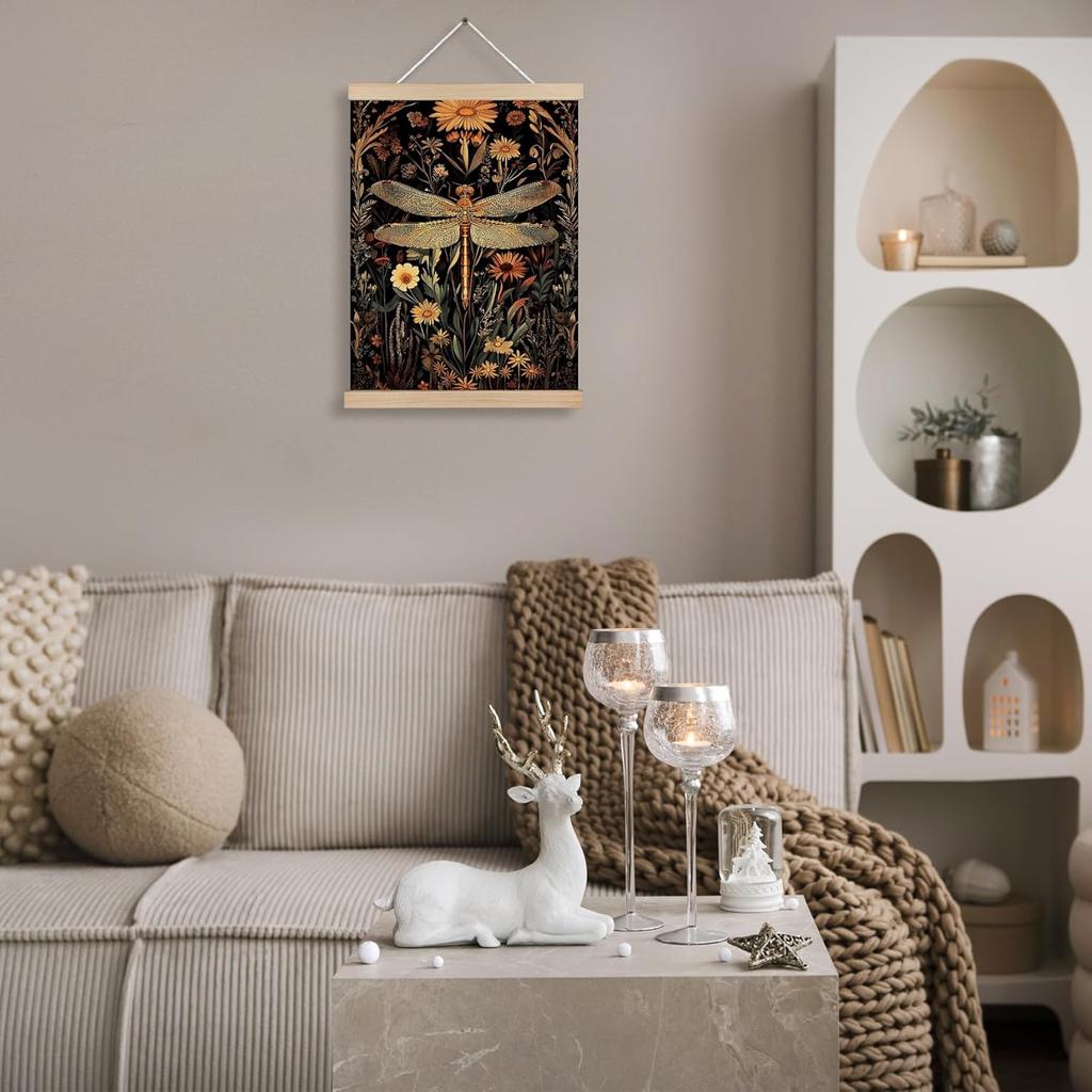 FITIE Vintage Moody Floral Dragonfly Canvas Wall Art Poster, Retro William Morris pired Cottagecore Flower Botanical Dragonfly Wall Decor Prints for