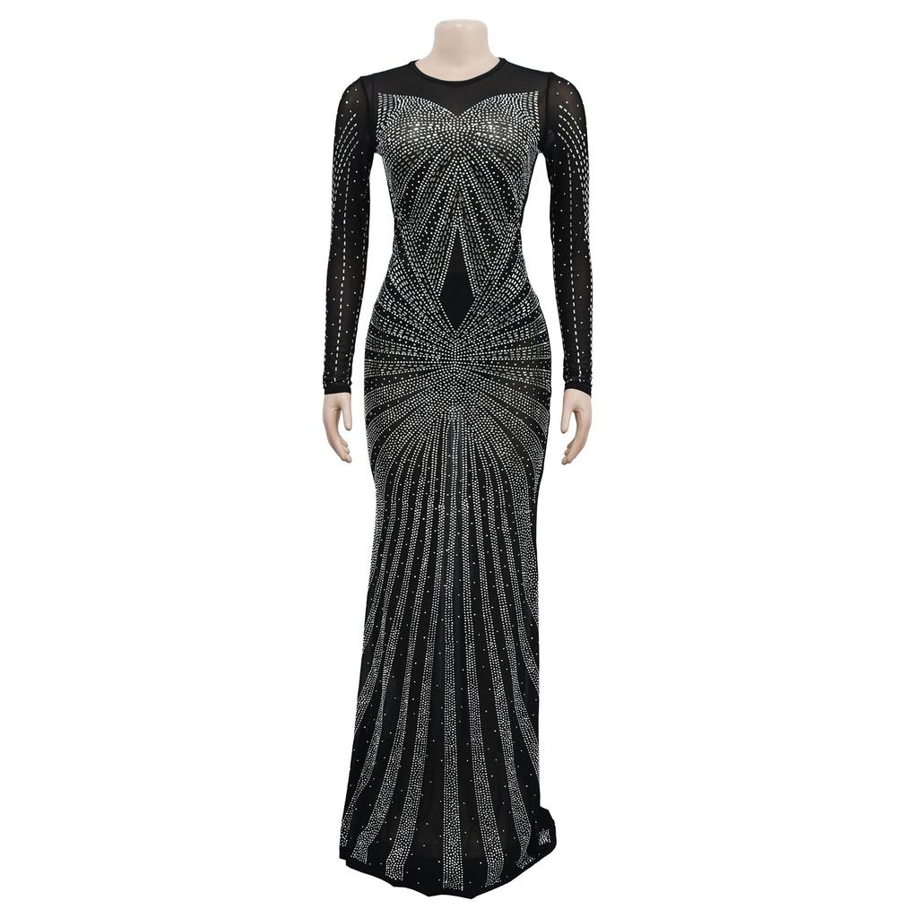 Vestido de noche Vestido largo de manga larga con diamantes de imitación transparentes de malla de color sólido para mujer a la moda