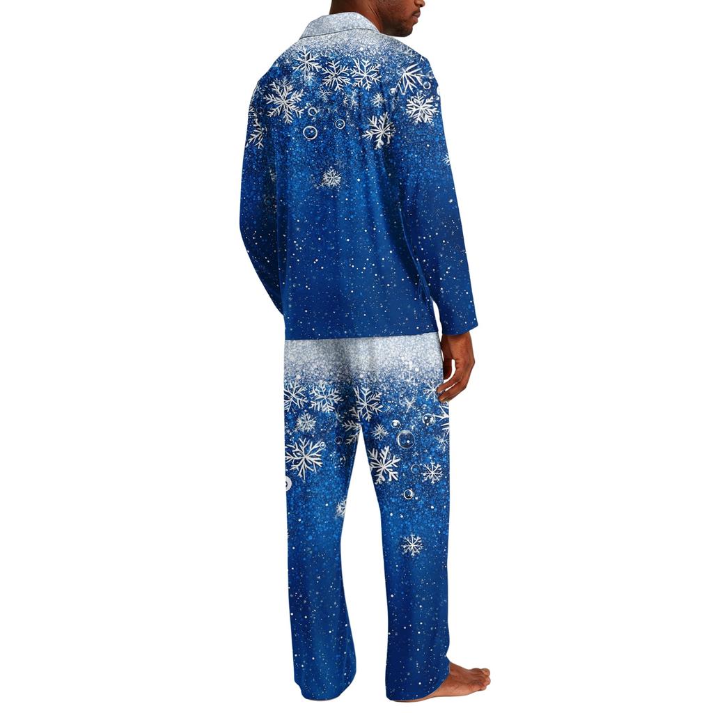 Kerstpyjamaset voor heren met knopenhemd en rechte broek, Casual print nachtkleding tweestukken outfit, Feestelijke loungewear voor de feestdagen