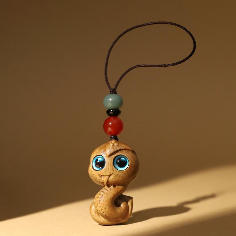 Zodiac Snake Green Sandalwood Keychain Pendant with Phone Lanyard for Men and Women