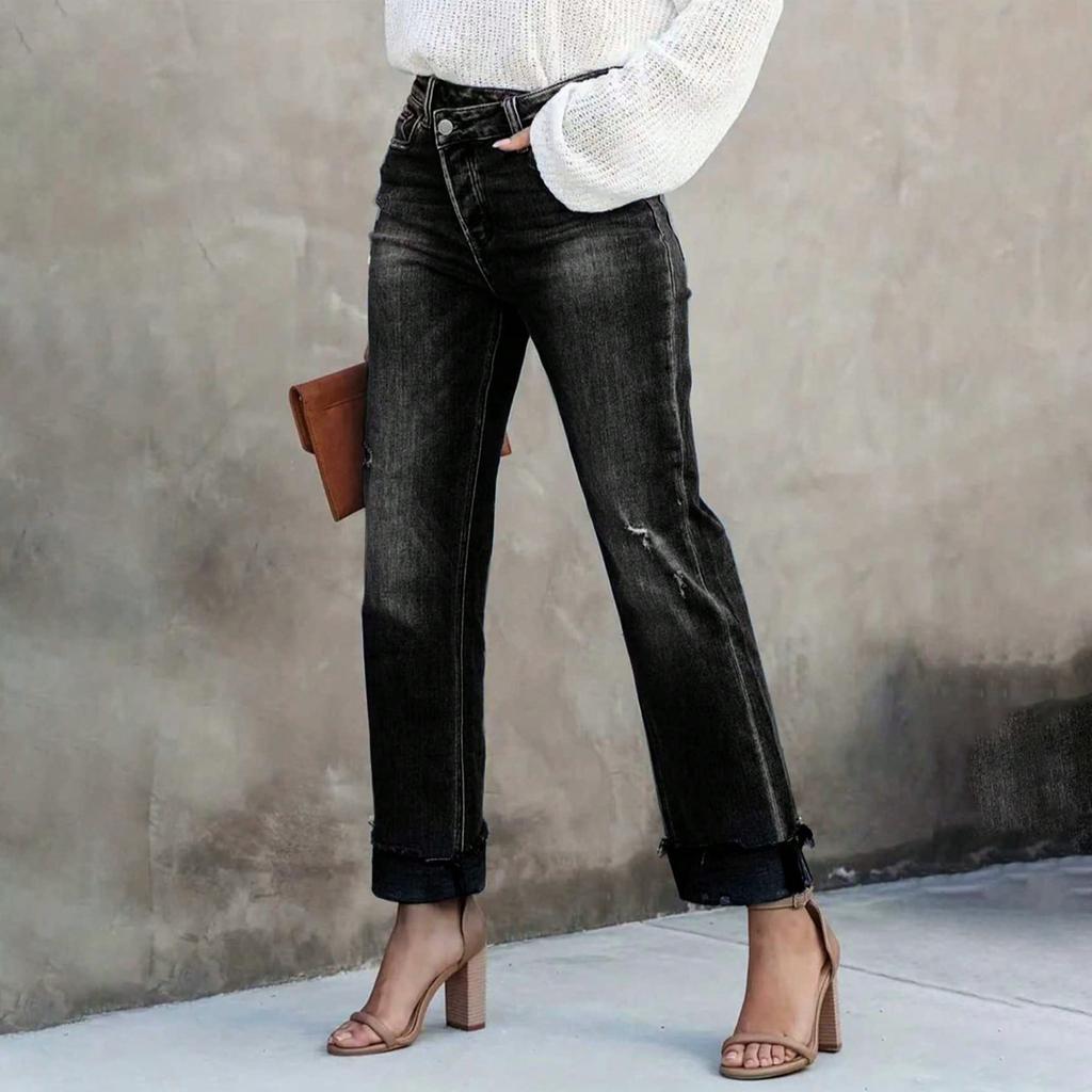 Ladies' Color Casual Versatile Mid Waist Straight Leg Denim Straight Leg Jeans With Fringed Edges