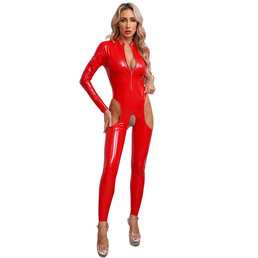 Womens Wet Look Catsuit Patent Leather Jumpsuit Long Sleeve Bodysuit Zipper Stand Collar Cutout Crotch Catsuit
