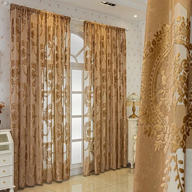 1PC Velvet Cut Embroidered Court Sheer Curtain Vintage Pattern Living Room Bedroom Gold Romantic Lace Sheer Curtain, Flower Lace Window Curtains