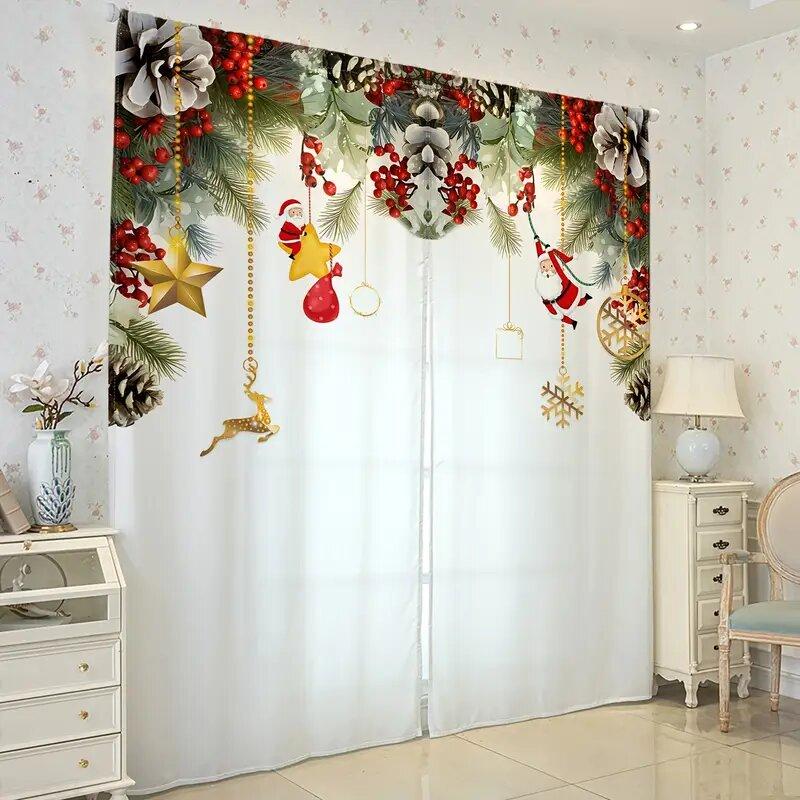 2 Pieces - Christmas atmosphere printed curtains, pole bag curtains, home decoration, room decoration