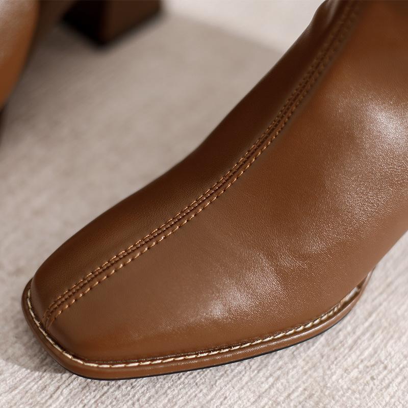 Brown chunky French short boots for women to look slimmer. New square-toed, beige ankle and mid-high heels of bare boots C1349