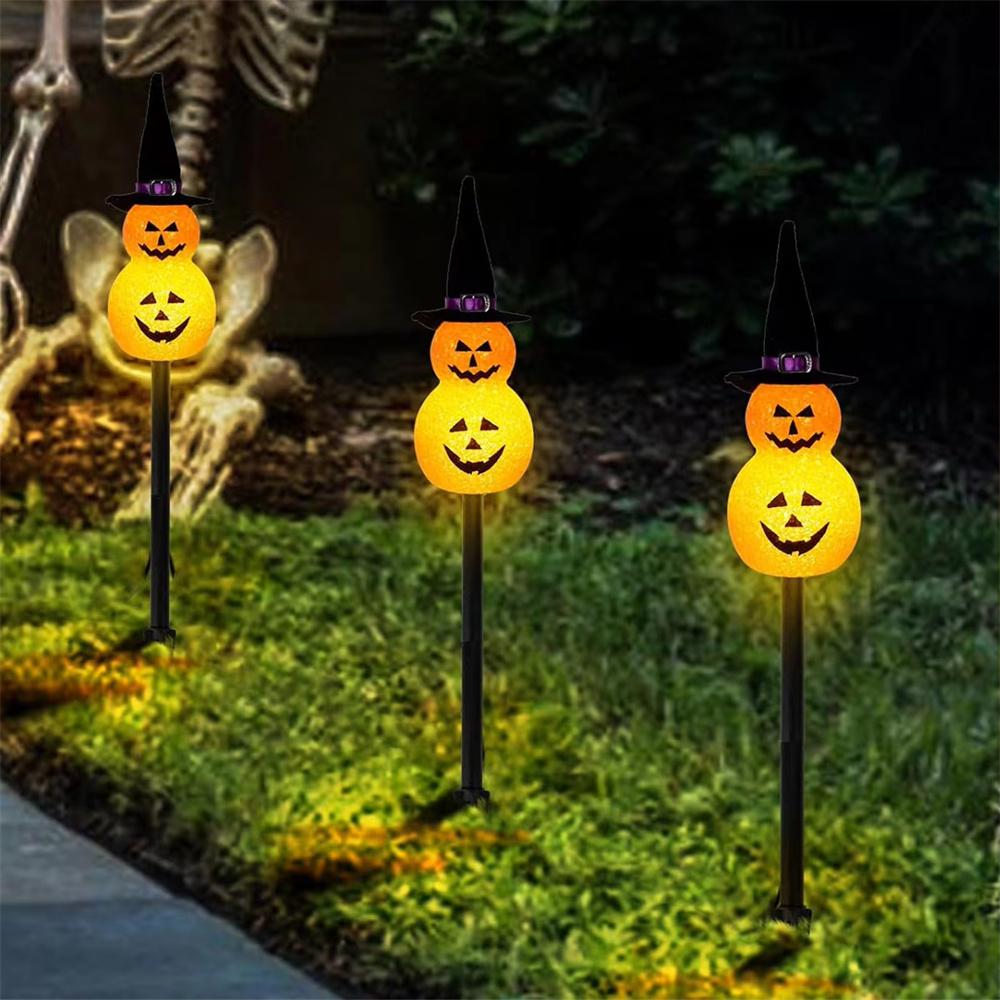 2pcs Halloween Solar Pumpkin Ghost Lights Outdoor Waterproof Halloween Atmosphere Decorations Lawn Ground Plug Light