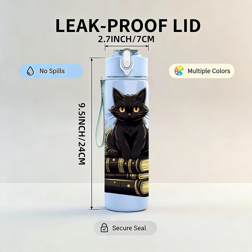 1PC Black Cat Stacked Book Art Print 750ml Color Plastic Sports Water Bottle Leakproof Flip Straw Lid Suitable for Sports Office Home Use