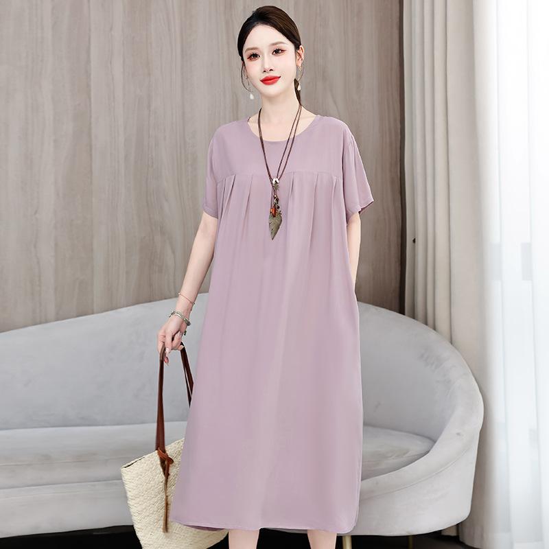 2 Neues hochwertiges florales Baumwoll-Seiden-Kleid für Damen-Sommer-Temperament, Bauchbedeckung für Mütter, große Größe künstliche Baumwolle langer Rock