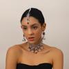 Indian Style Rhinestone Gemstone Three-Piece Set: Oval Necklace, Earrings & Headwear