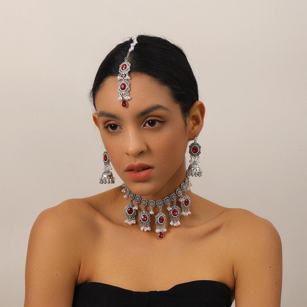 Indian Style Rhinestone Gemstone Three-Piece Set: Oval Necklace, Earrings & Headwear