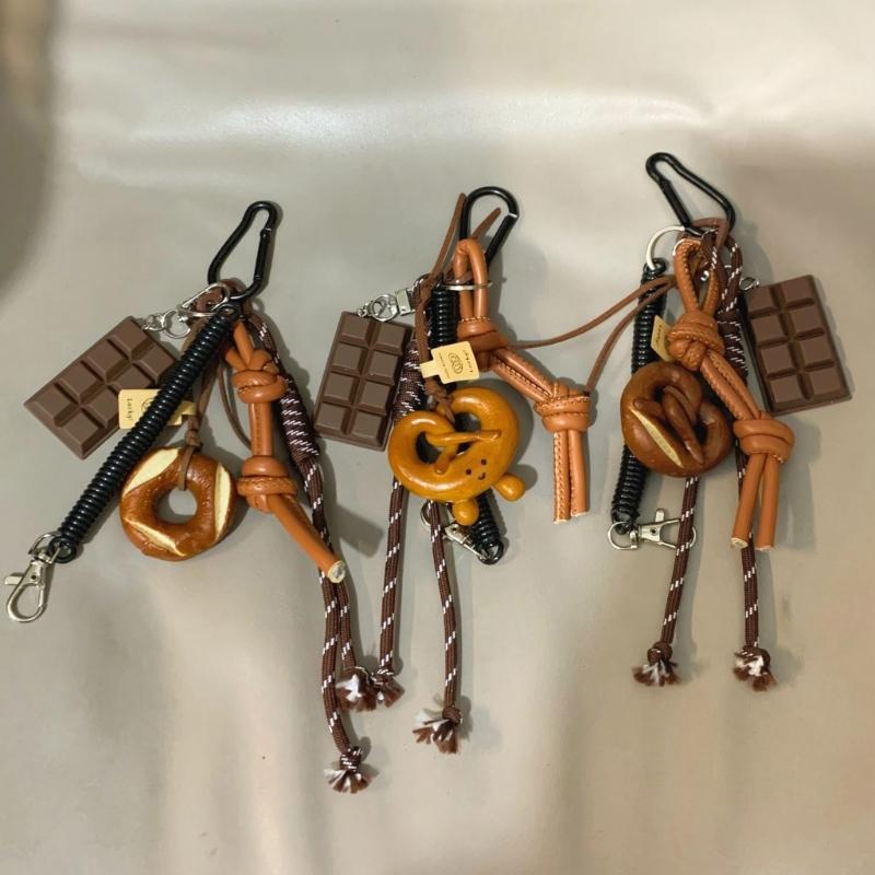 Bagel Pretzel Chocolate Bag Charm Pendant Keyring Braided Rope Keychain Charm for Backpack Purse Handbag Decorations