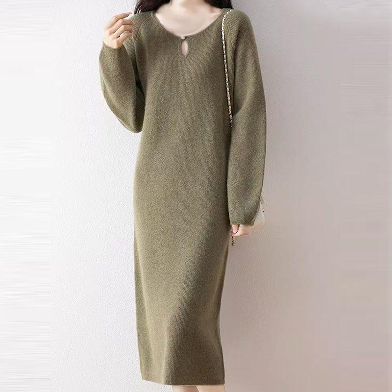 Solid Color Knitted Sweater Dress - Round Neck, Mid-Length, Loose Fit, Slimming, Fashionable for Spring and Autumn