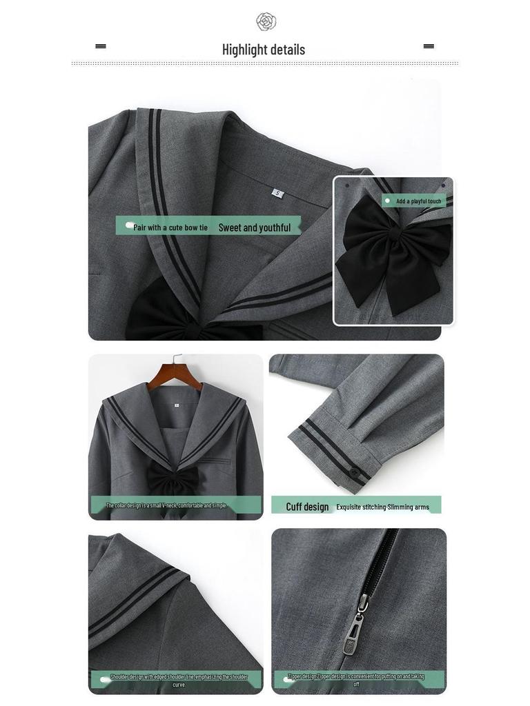 Uniforme JK Japonês Cinza Fato de Marinheiro com Saia Plissada – Conjunto Escolar para Meninas Estilo Academia