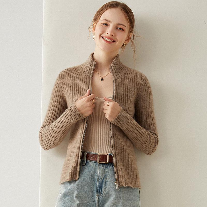 Women's Slim Fit Striped Cashmere Cardigan - Stand Collar, Long Sleeve, Zipper Knitwear Sweater for Autumn & Winter