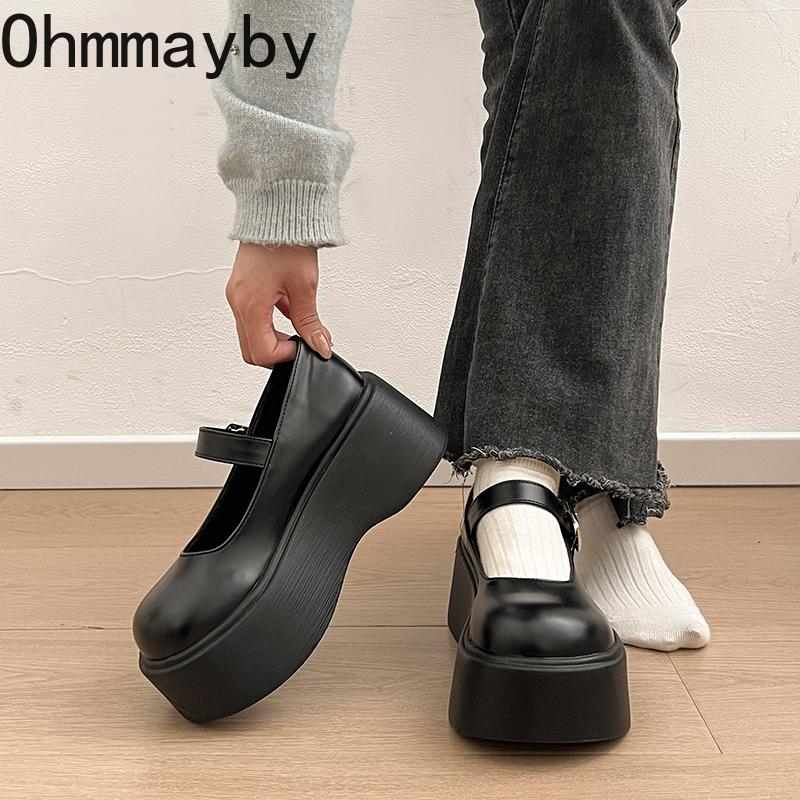 

Platform Flats Women Mary Jane Shoes Concise Round Toe Eelgant Leather College Style Shoes 39 чорний