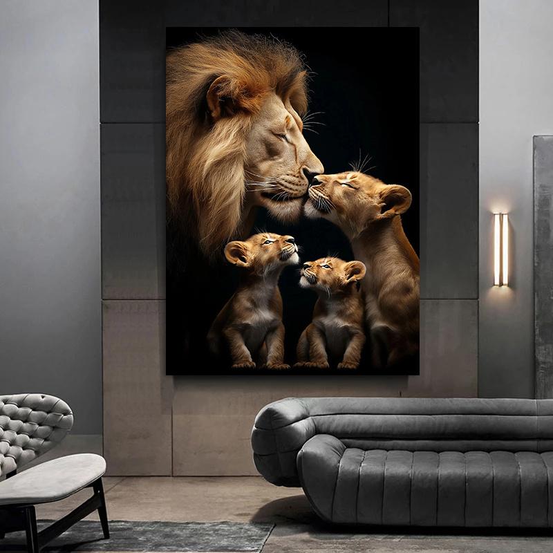 Large Lion Family Warm Wildlife Nature Lover Canvas Painting Poster Print Wall Art Room Home Living Room Wall Decor Art Unframed