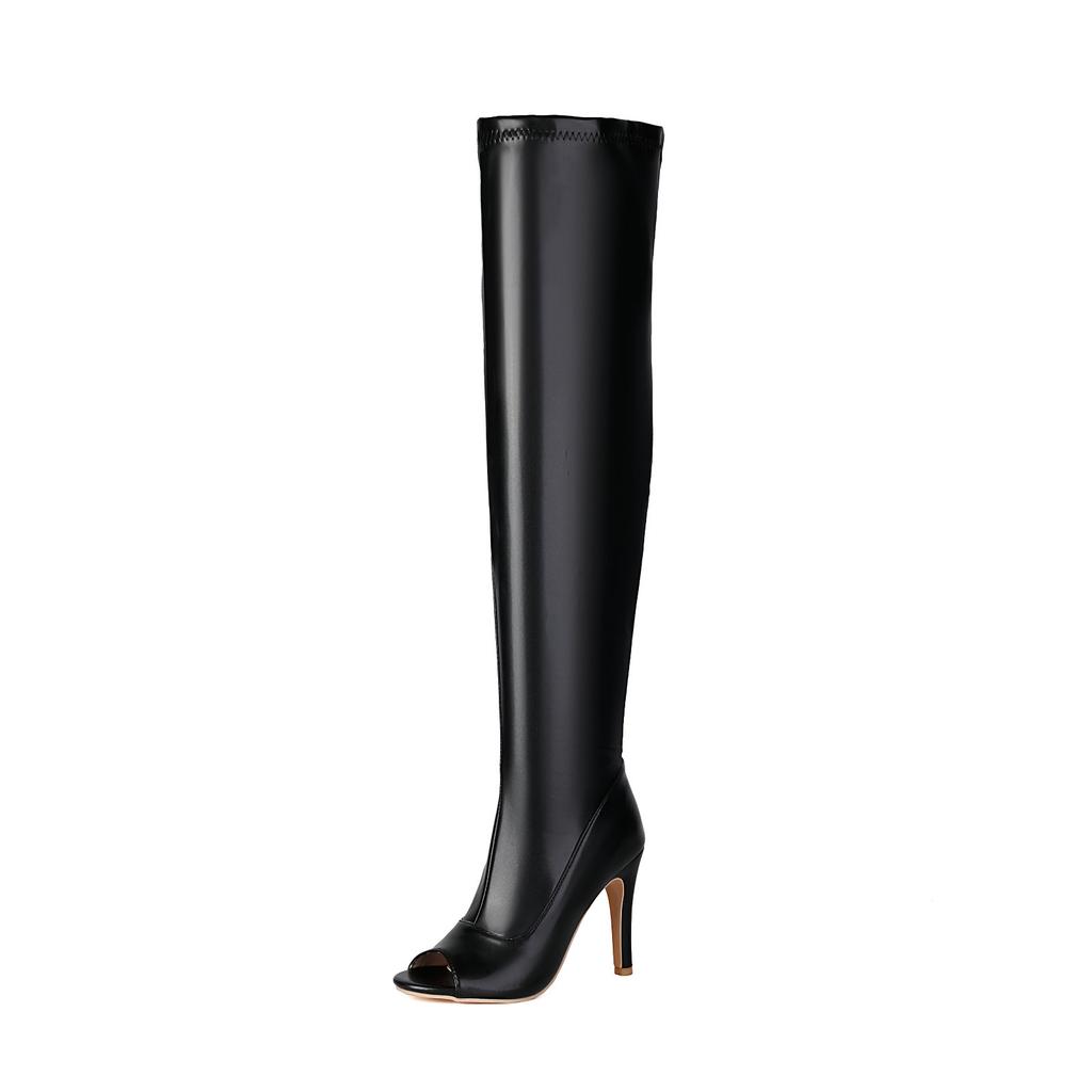 Women Over The Knee Stretch Boots Sexy Peep Toe Stiletto High Heels Thigh High Long Booties Side Zipper Summer Fall Sandals