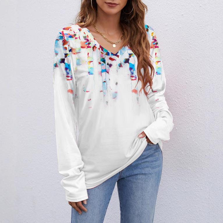Europe, America wish Amazon independent station autumn and winter new V-neck printing long-sleeved women's T-shirt top