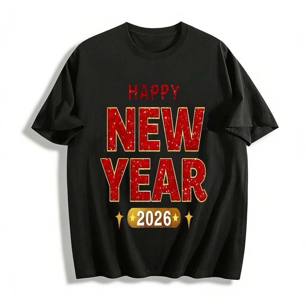 2026 Happy New Year Red Glitter Print Casual Festival Top Pure cotton T-shirt XXS