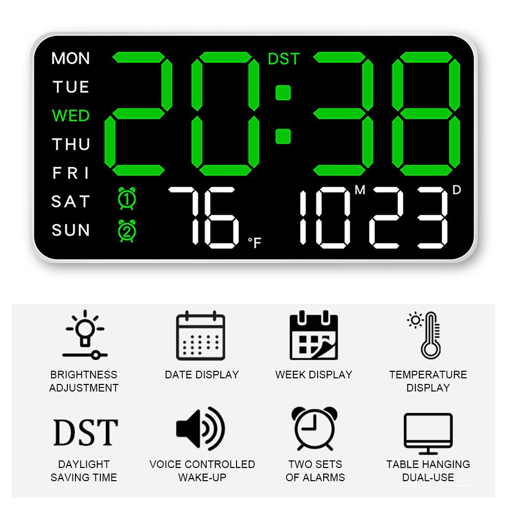 Voice-Activated Wake Up Alarm Clock Adjustable 12/24H LED Digital Wall Clock Control Temperature Date Brightness Hanging Clock