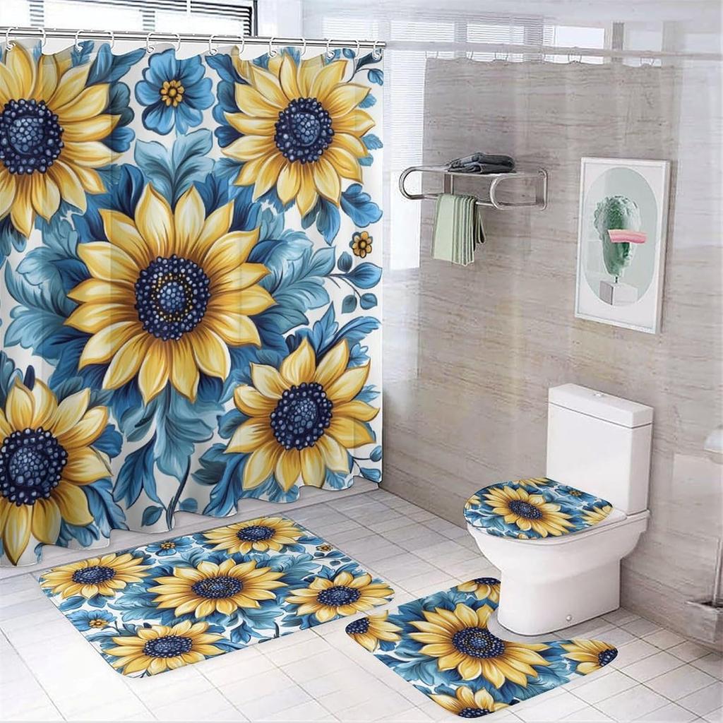 Bathroom Curtain And Rug Set, Sunflower Pattern Printed On Shower Curtain And Bath Mat Set, Designed For Farmhouse Contemporary