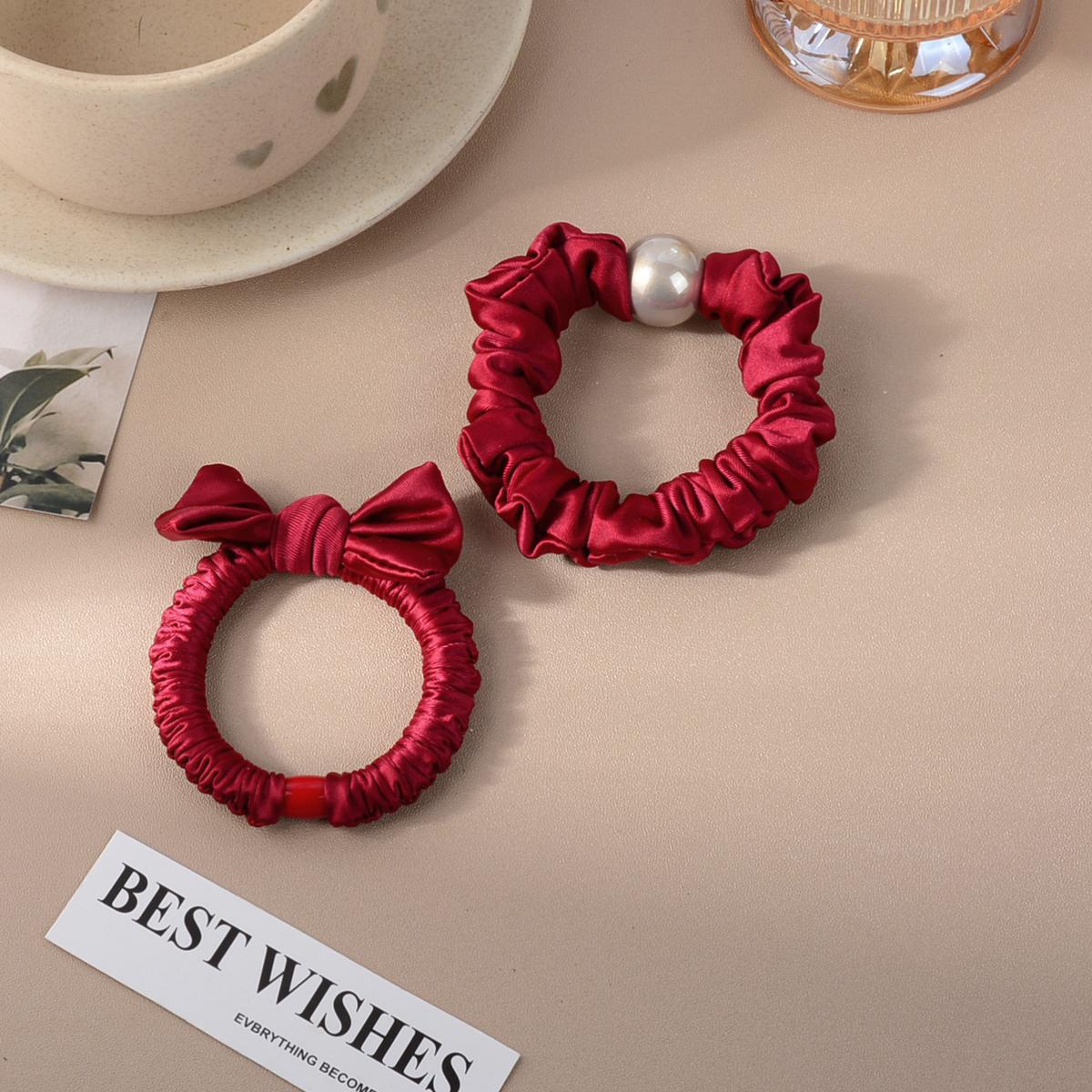 Fashionable and elegant satin pleated large intestine hair ring, red bow hair ring, women s hair accessory suitable for New Year