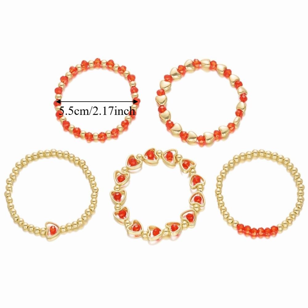 5PCS/SET Elegant Crystal Heart Bracelet Dainty Universal Beaded Bracelet Set Stretch Design Color Blocking