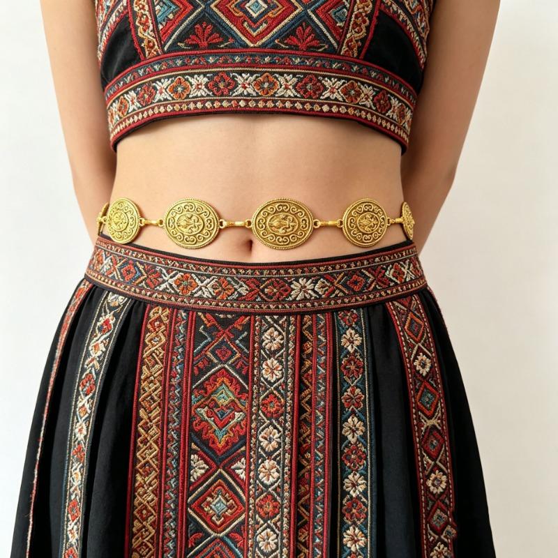 1PC popular ethnic style old ancient silver waist chain, retro carved round brand design versatile clothing accessories
