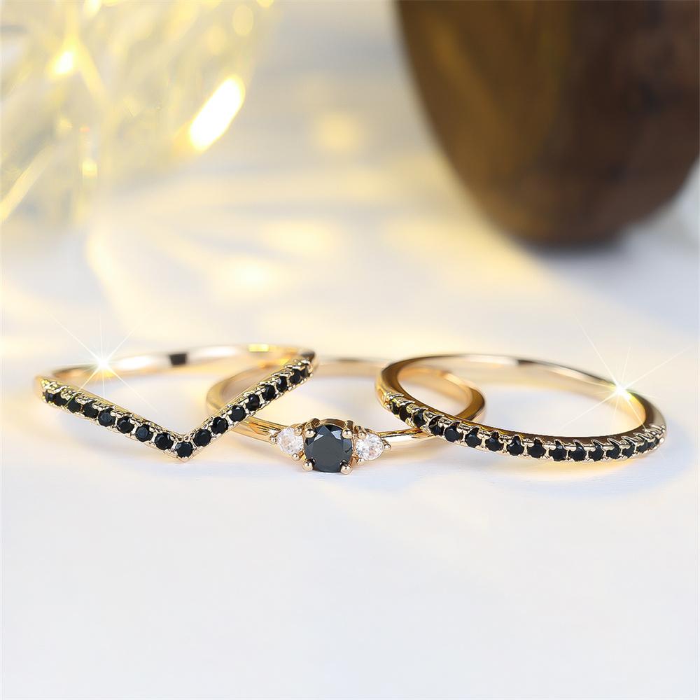 3pcs Vintage Round Stone Black Zircon Ring Sets For Women Antique Gold Color Engagement Bands Wedding Jewelry Set Versatile Gift