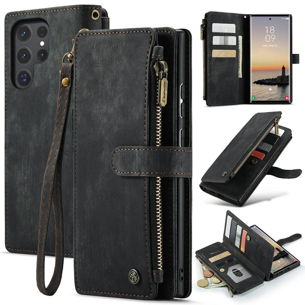 For Samsung Galaxy S24 Ultra Phone Cases with Strap CASEME C30 Zipper Multiple Card Holder PU Leather Cover