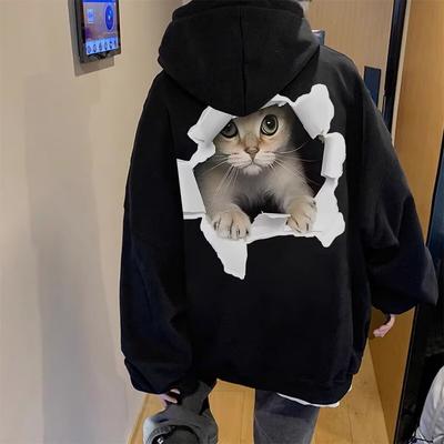 Men Women Hoodies Winter Fun Cat Print Hooded Sweater Couple Loose Plus Velvet Hooded Sweater