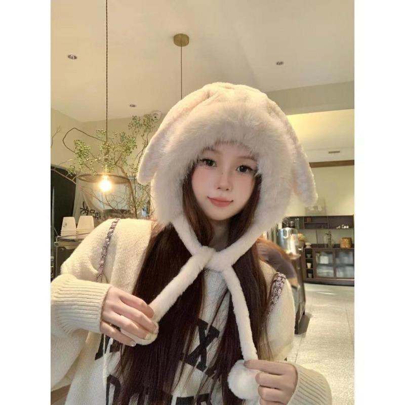 Winter fluffy hat cute ears pullover hat outdoor warm ear protection bag head cold hat fleece thickened millinery hat