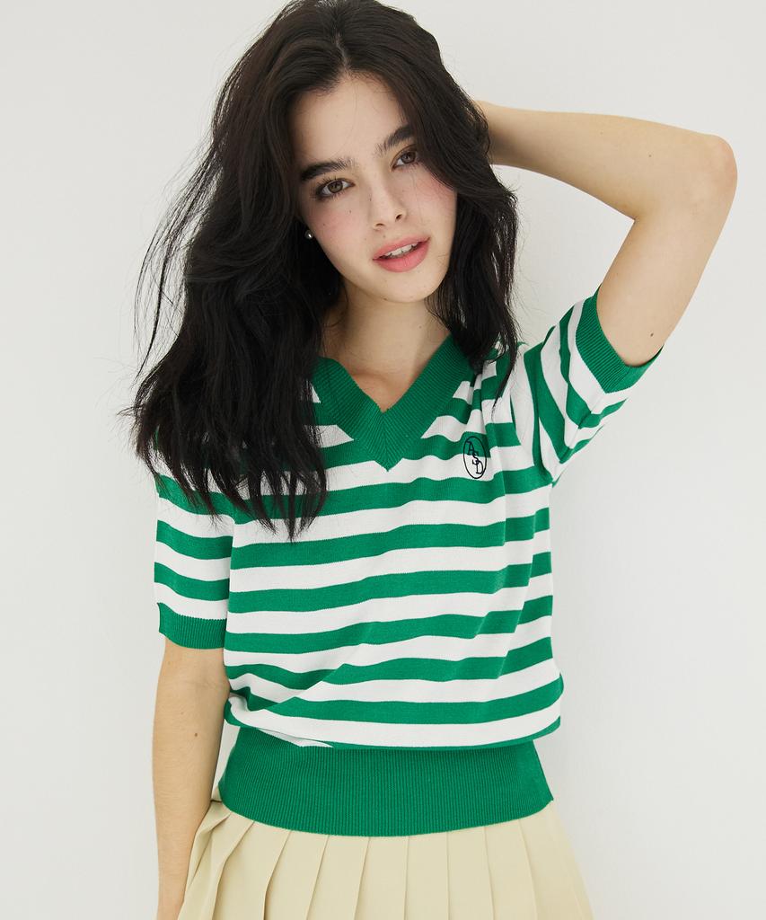 AWESOME STUDIO V-Neck Striped Knit Green