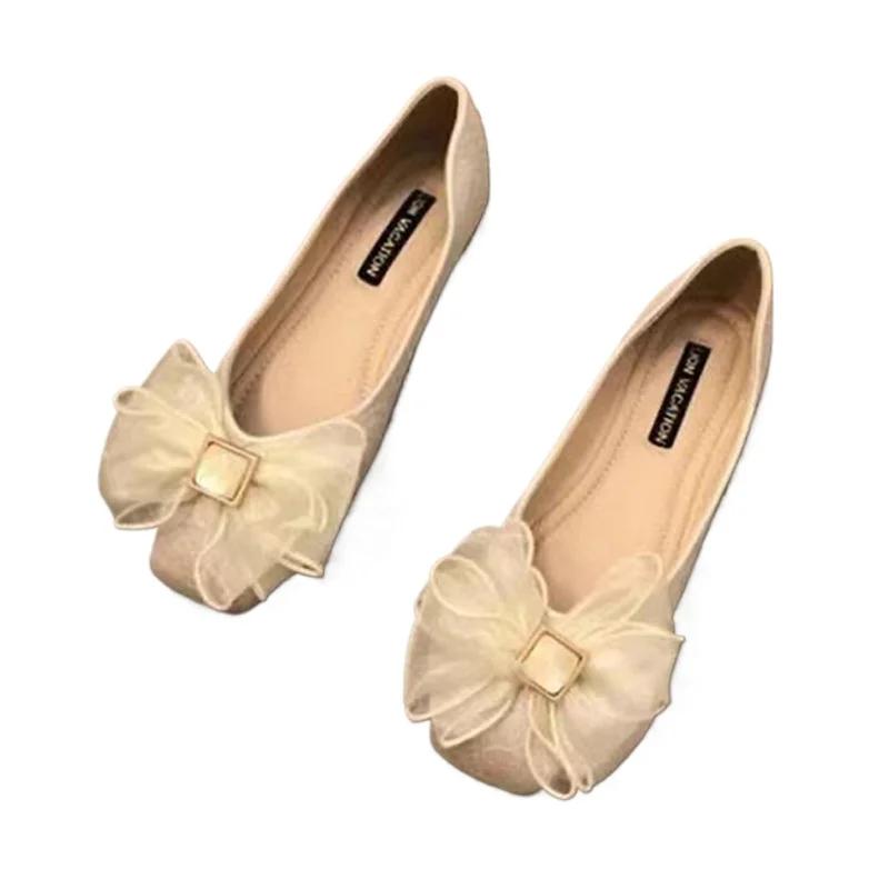 Fashion 2025 Spring Summer Shoes Women Flats Soft Elegant Woman Boat Shoes Flat Bowknot Single Black Beige Plus Size 42 D306