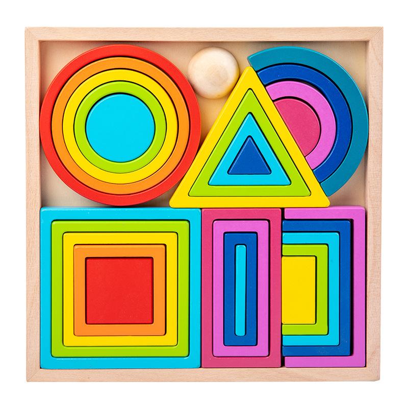 Children's Wooden Rainbow Stacking Blocks - Educational Geometric Tower Toy