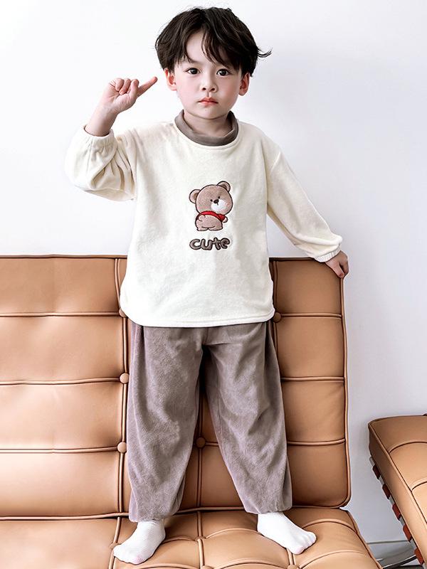 Kids' Wool Plush Pajamas Set - Warm Autumn/Winter Coral Fleece Sleepwear for Boys and Girls