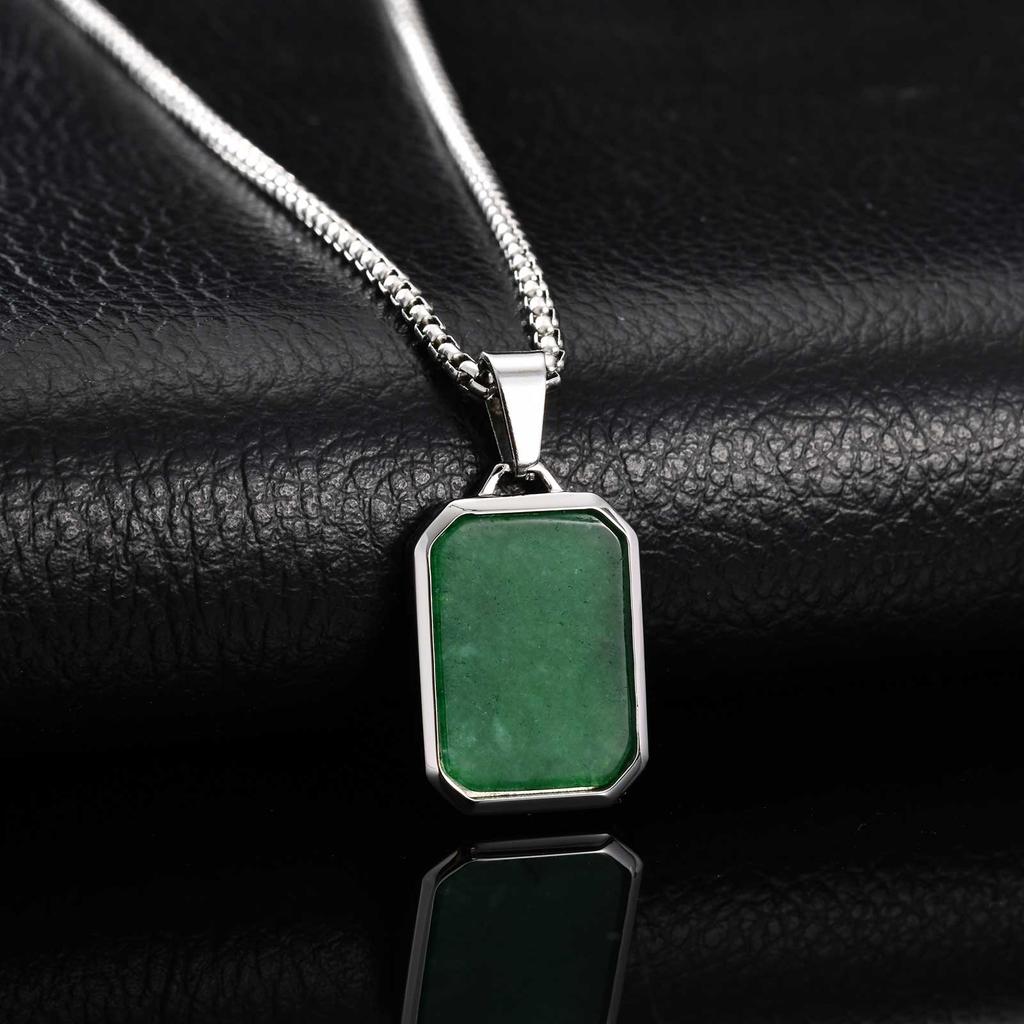 Stainless Steel Rectangle Natural Stone Pendant Necklaces, Minimalist Dainty Chain Necklace, Luxury Fashion Jewelry For Men Gift