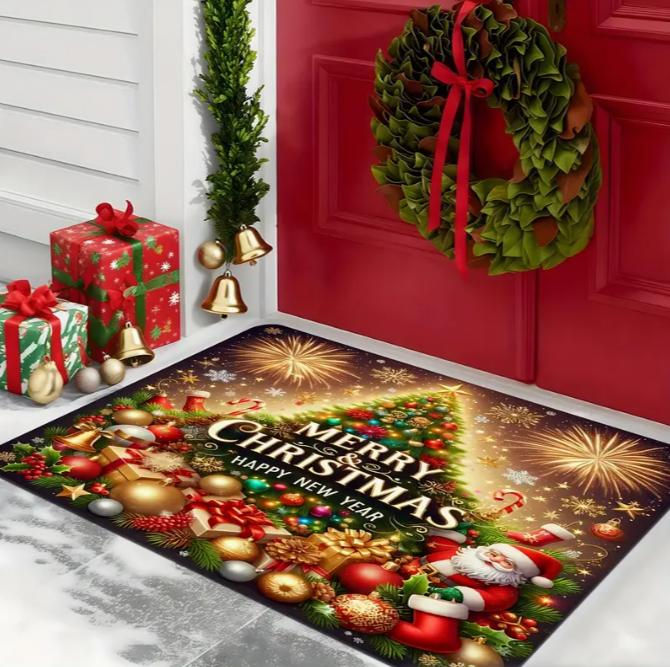 Christmas Door Mat Red Christmas Tree Bell Entrance Mat Soft Bathroom Mats Kitchen and Household Floor Mats, Holiday Decoration